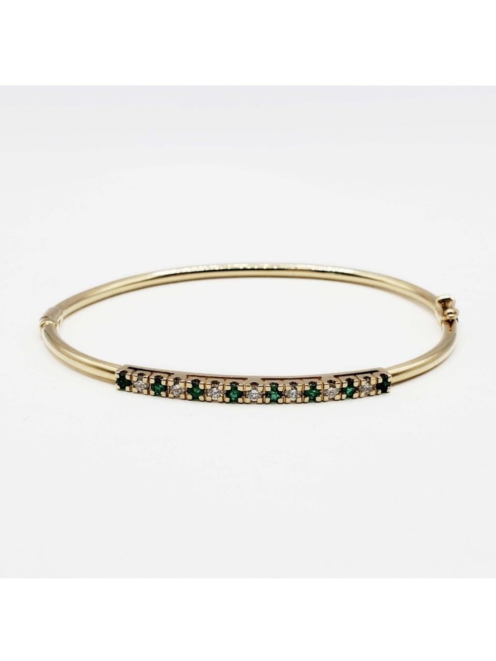 Vintage Natural Emerald & Diamond Hinged Bangle Bracelet 14k Yellow Gold